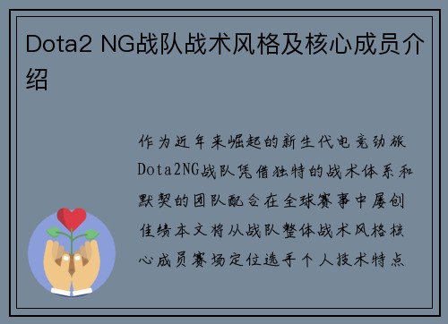 Dota2 NG战队战术风格及核心成员介绍